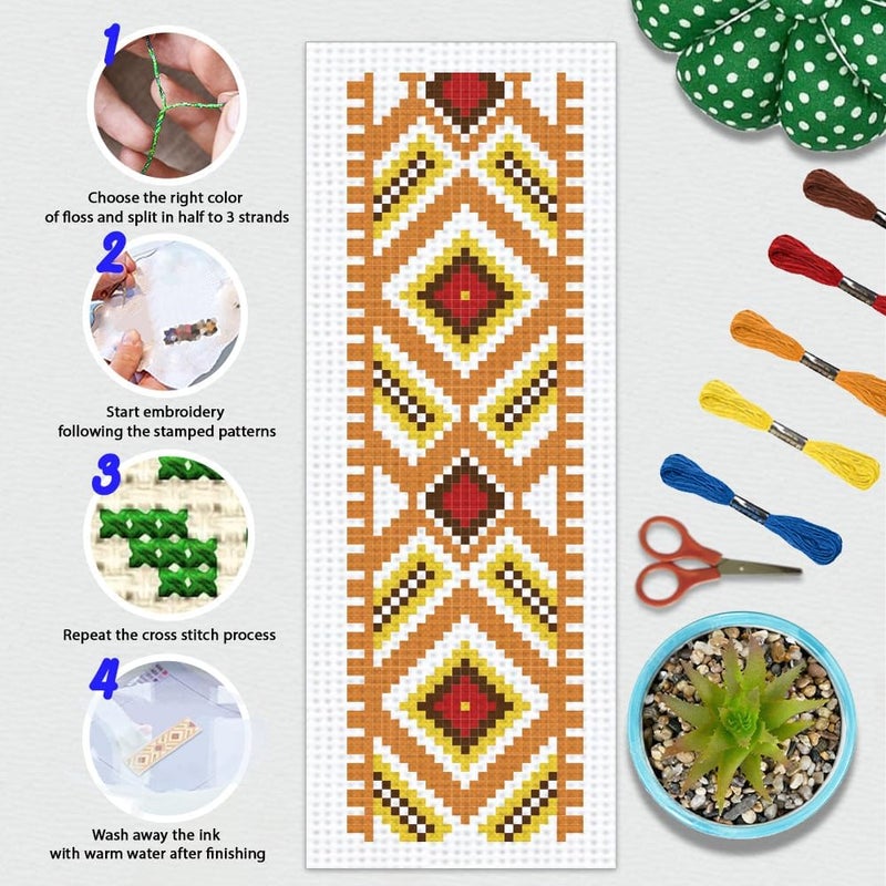 BEUNITONE 6 Pcs Vintage Cross Stitch Bookmark Kits for Beginner Floral Stamped Embroidery 8.5''x3'' - Image 4